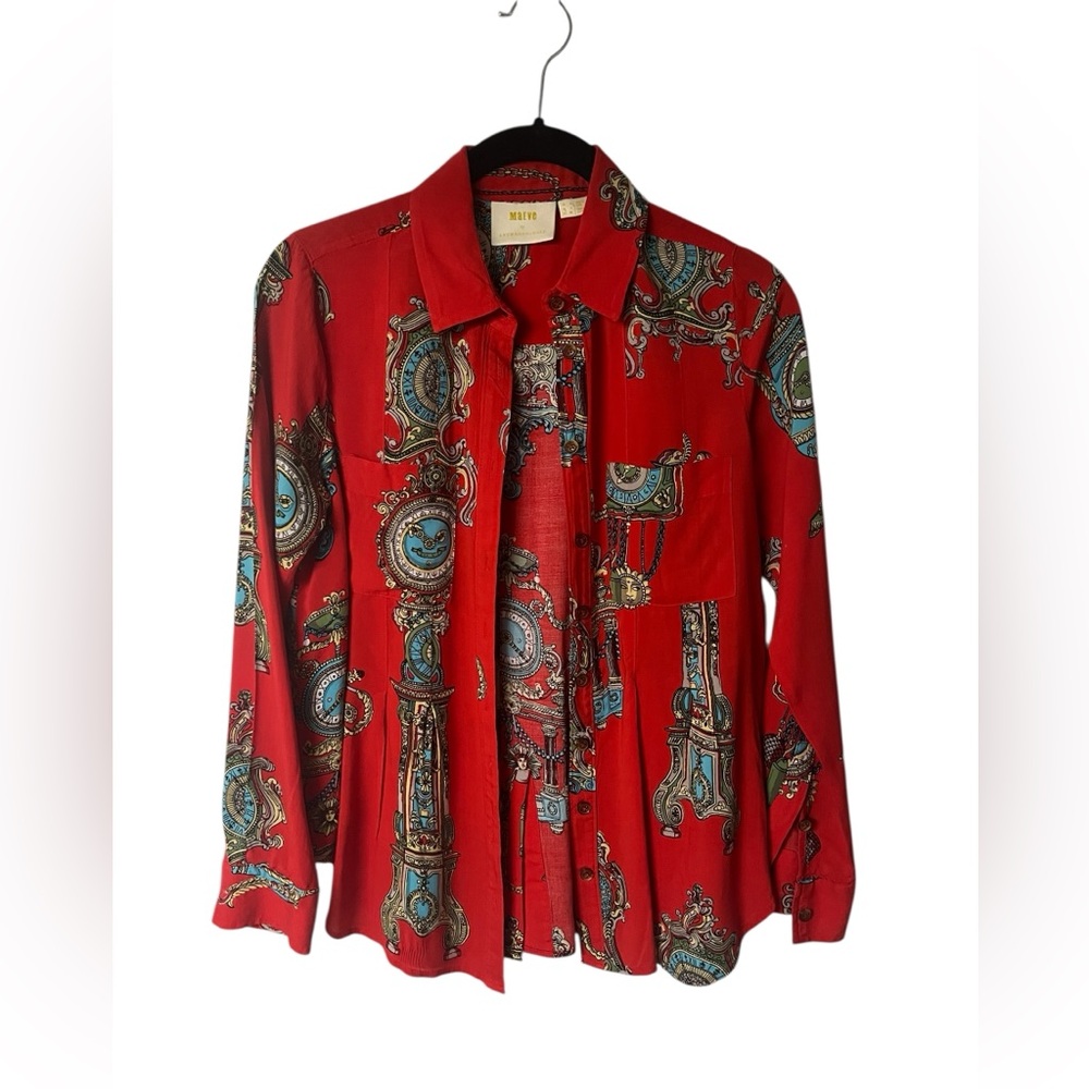 Maeve by Anthropologie Red Clock Print Long Sleeve Blouse Size 2